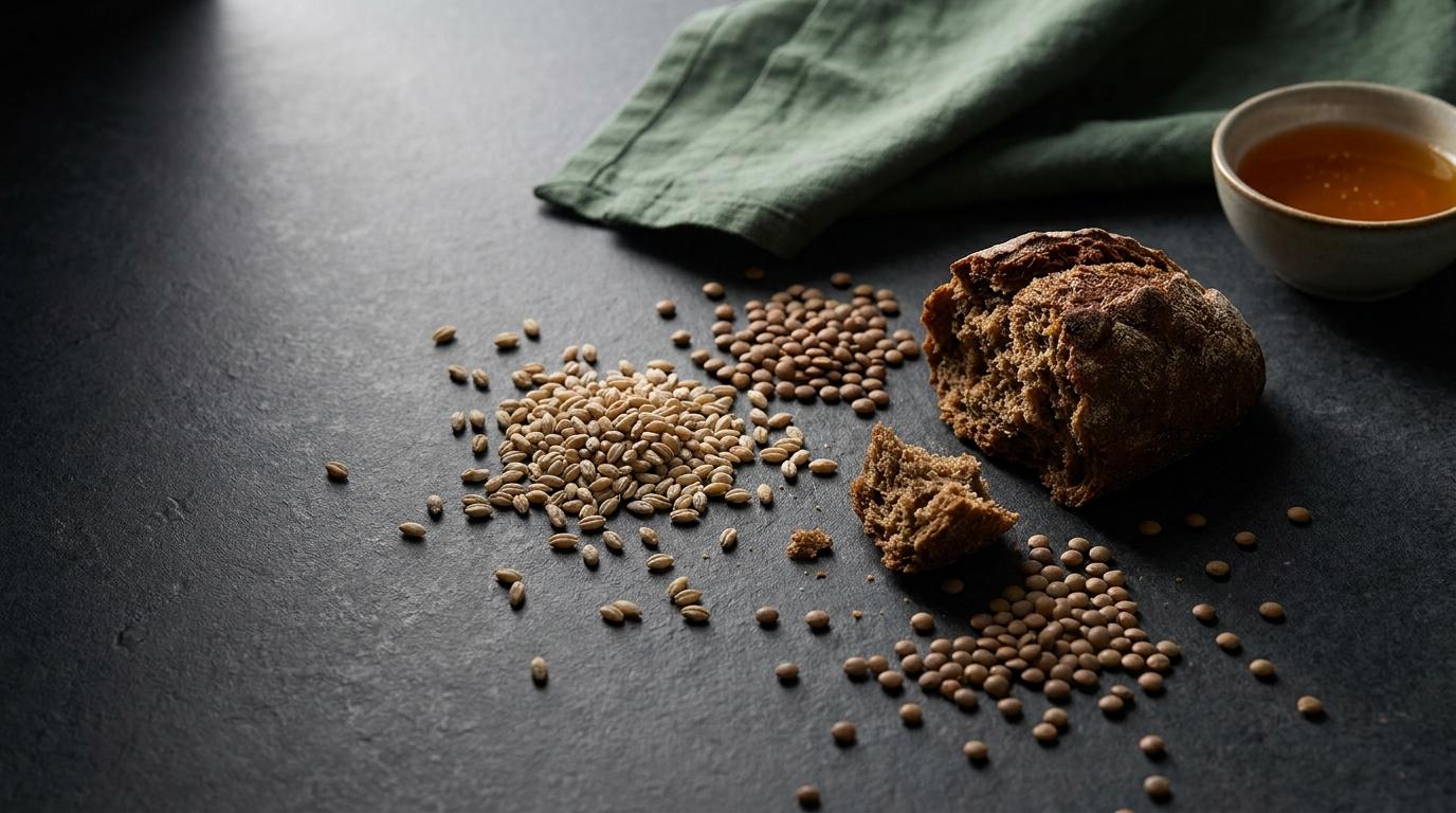 Grains d'orge, lentilles et pain de seigle rompu sur une ardoise sombre en lumière rasante