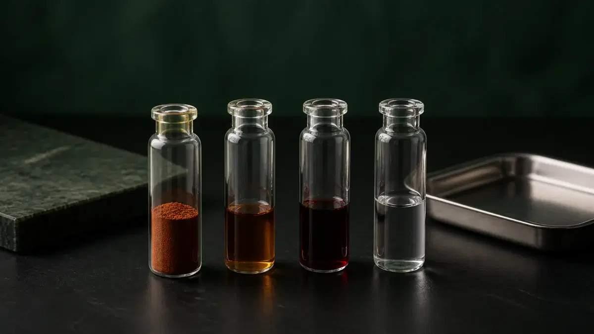 Quatre fioles de laboratoire contenant une poudre rouille et trois liquides, sur une paillasse noire devant un fond vert forêt