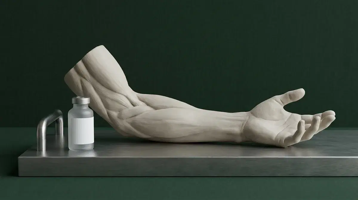 Anatomical sculpture of a forearm and open hand on a steel tray against a forest-green background