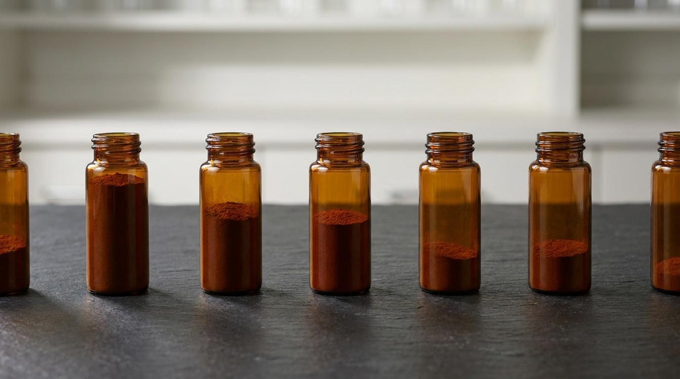 Row of amber vials on a dark bench, filled to different levels with rust-colored powder evoking iron reserves
