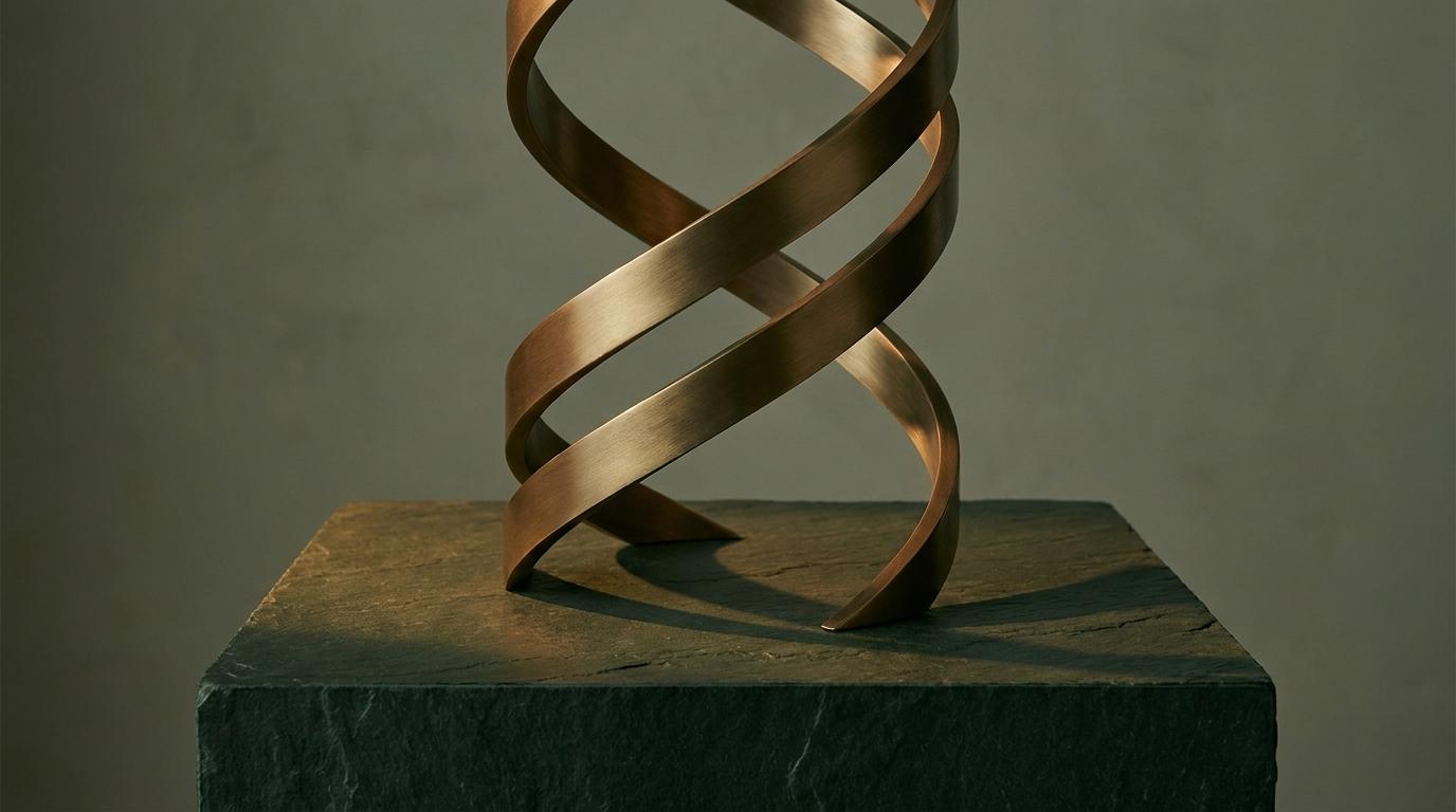 Brushed-brass DNA helix sculpture on a dark forest-green stone plinth, amber editorial lighting
