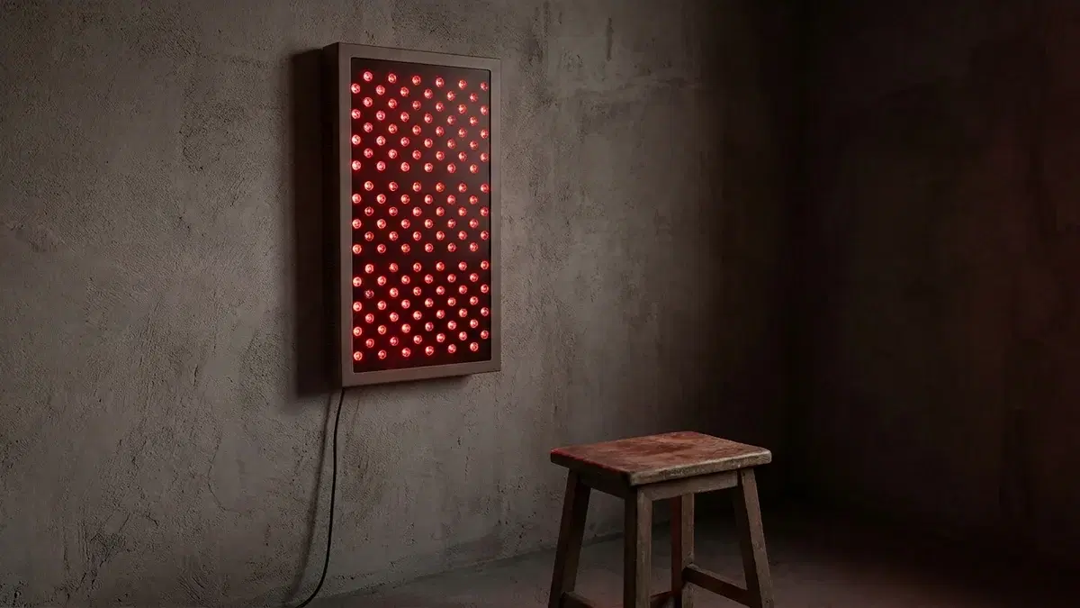 Panneau de diodes rouges allumé sur un mur de béton, dans une pièce sombre meublée d'un tabouret en bois