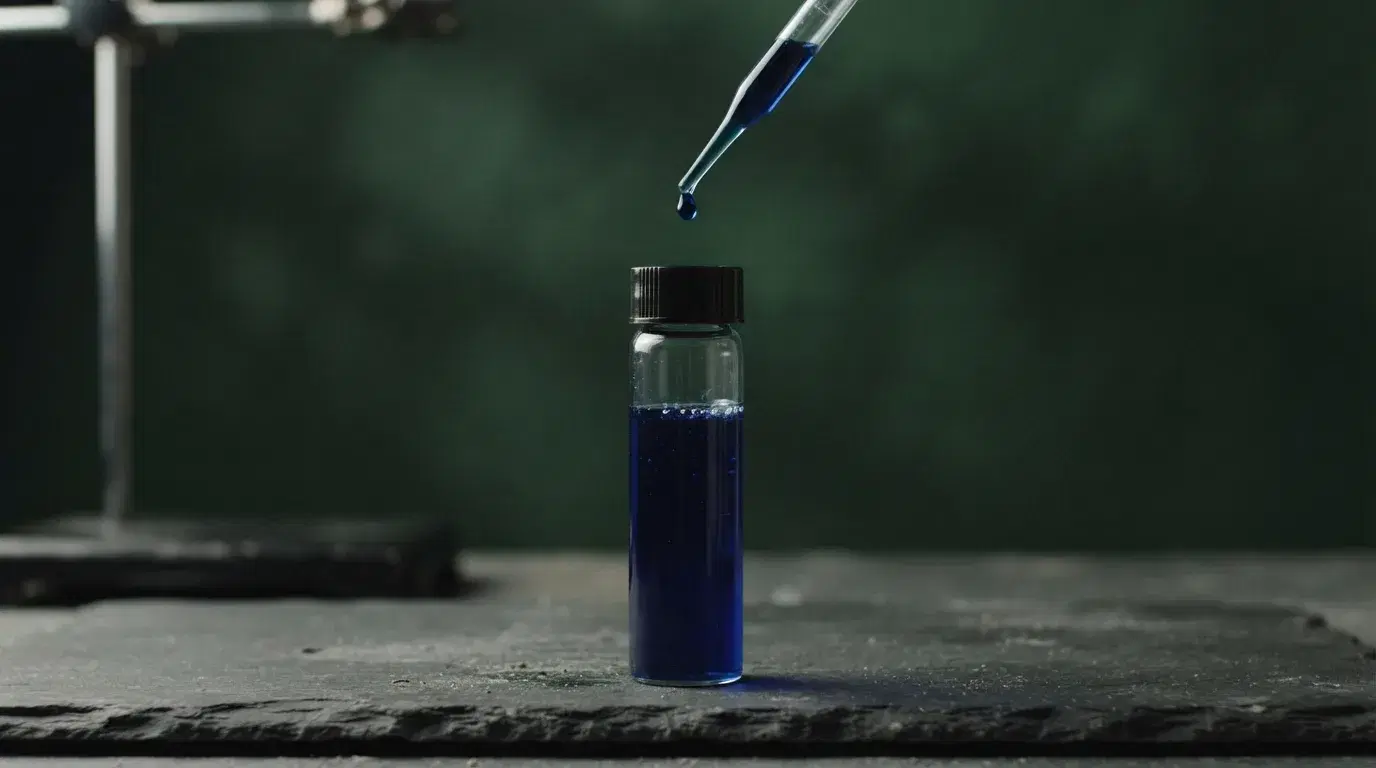 Flacon de laboratoire rempli d'un liquide bleu intense sur une plaque d'ardoise, une pipette laissant tomber une goutte au-dessus