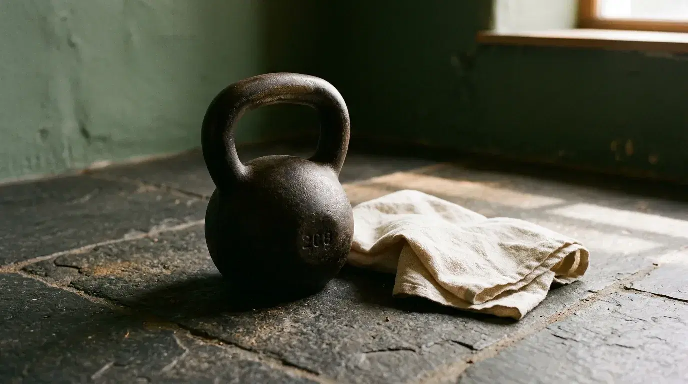 Kettlebell en fonte patinée posé sur un sol de pierre sombre, à côté d'une serviette de lin écru, dans la lumière rasante d'une fenêtre