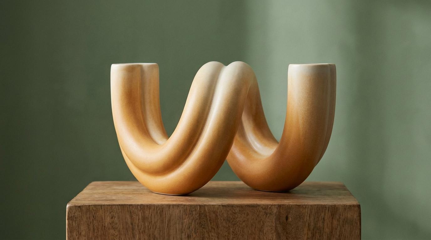 Sculpture en céramique mate aux circonvolutions ambrées évoquant des intestins stylisés, posée sur un socle en bois, fond vert forêt