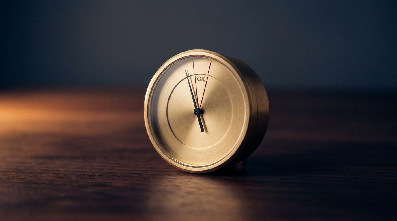 Brass precision dial with the needle resting in a narrow optimal zone marked 'OK'