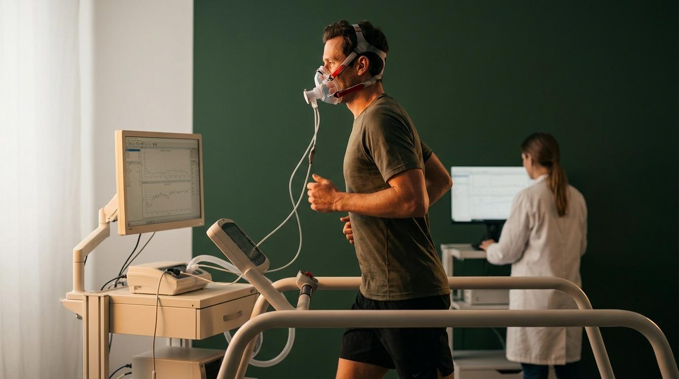 Man on a treadmill wearing a respiratory gas-exchange mask during a cardiopulmonary exercise test, a monitor showing physiological curves and a technician in a white coat, forest-green wall